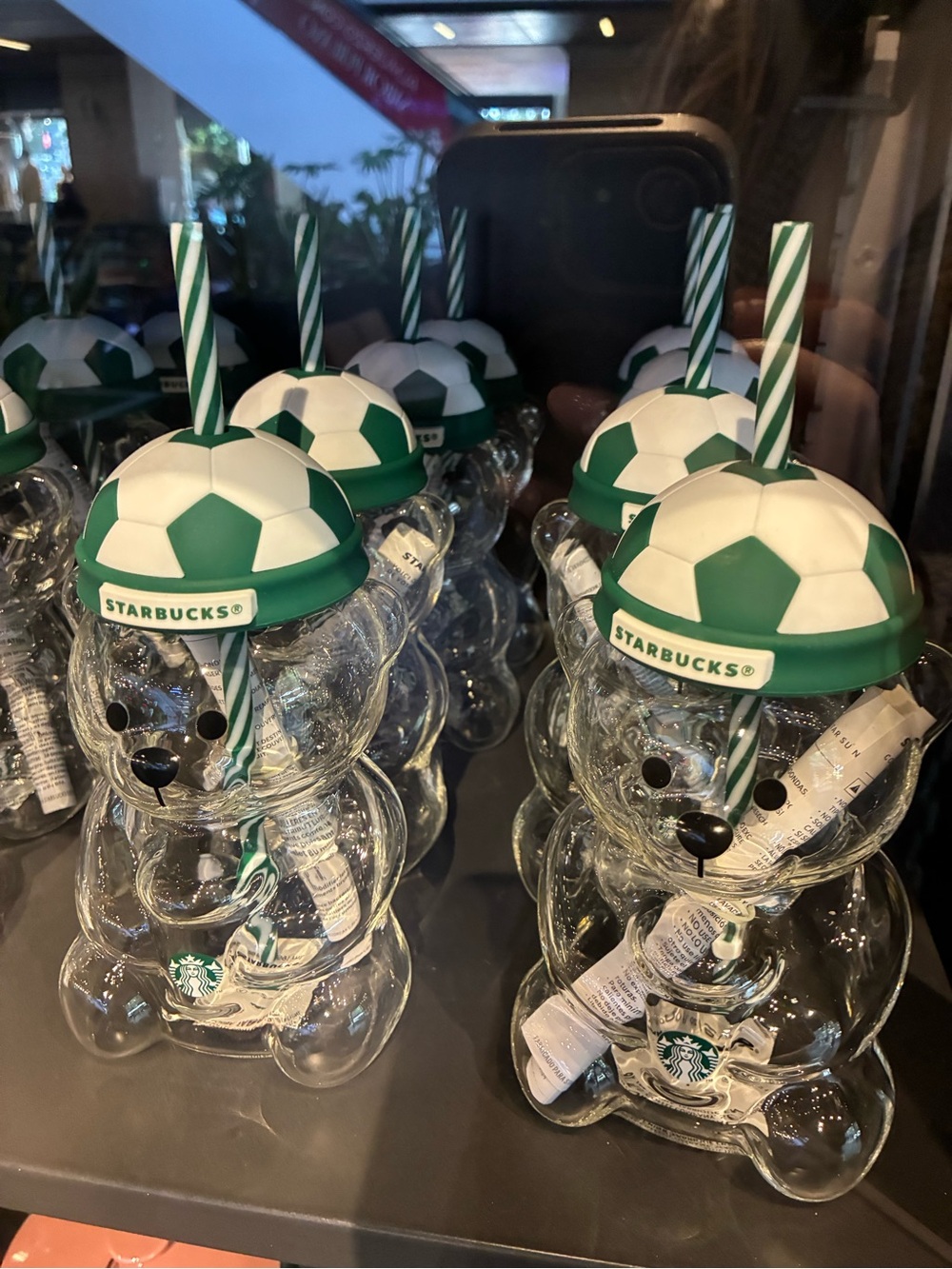 Starbucks Clear Bear Cup with Green Soccer Lid and Striped Straw